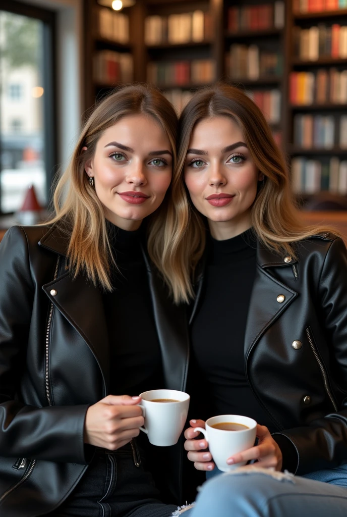 Create an image of a two women in leather jackets drinking coffee. One is the most beautiful red haired with big breasts other is light blond haired with big breasts. Ensure different hair colors
