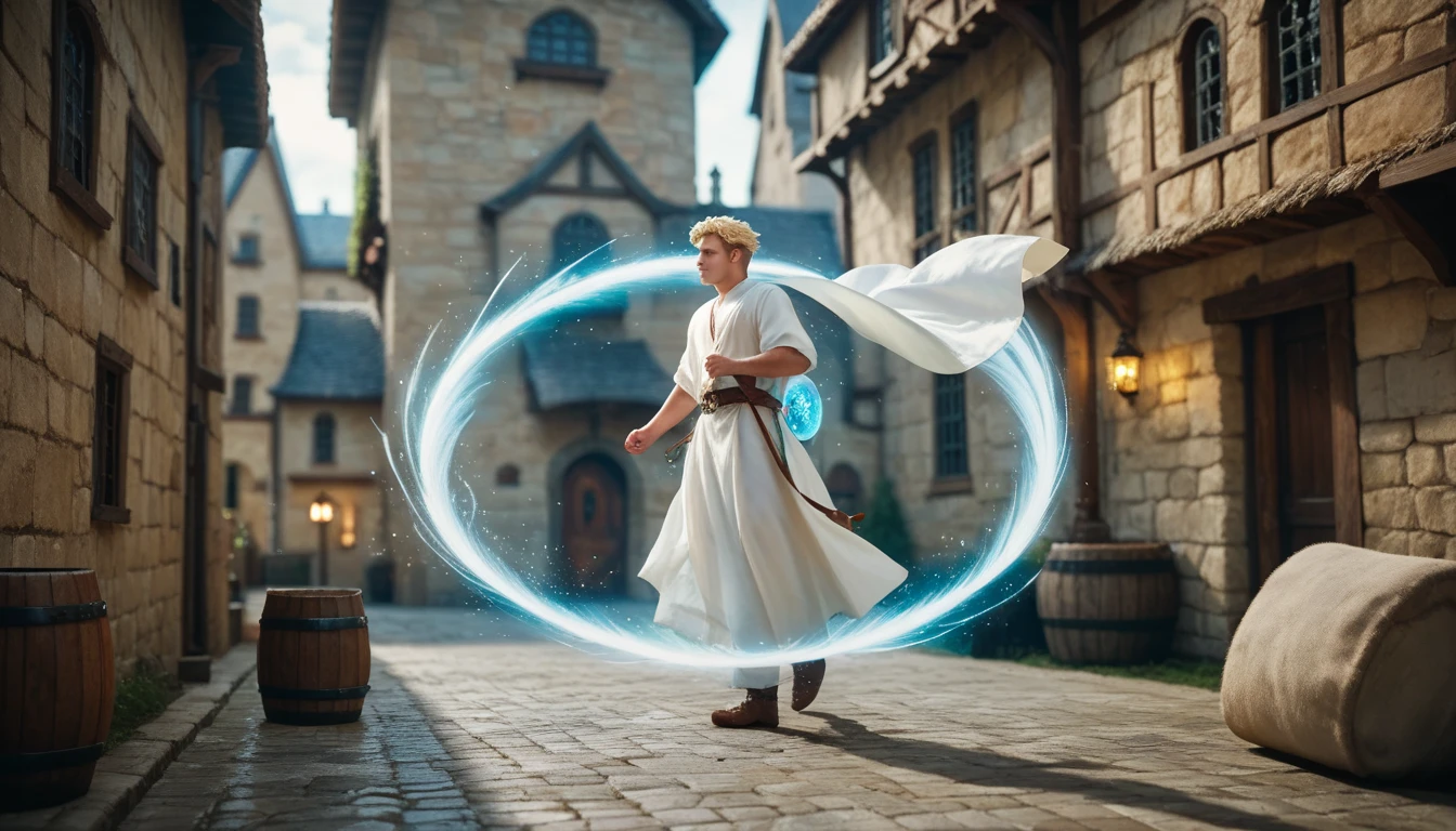 A male healer in a simple white robe, floating calmly inside a powerful ...