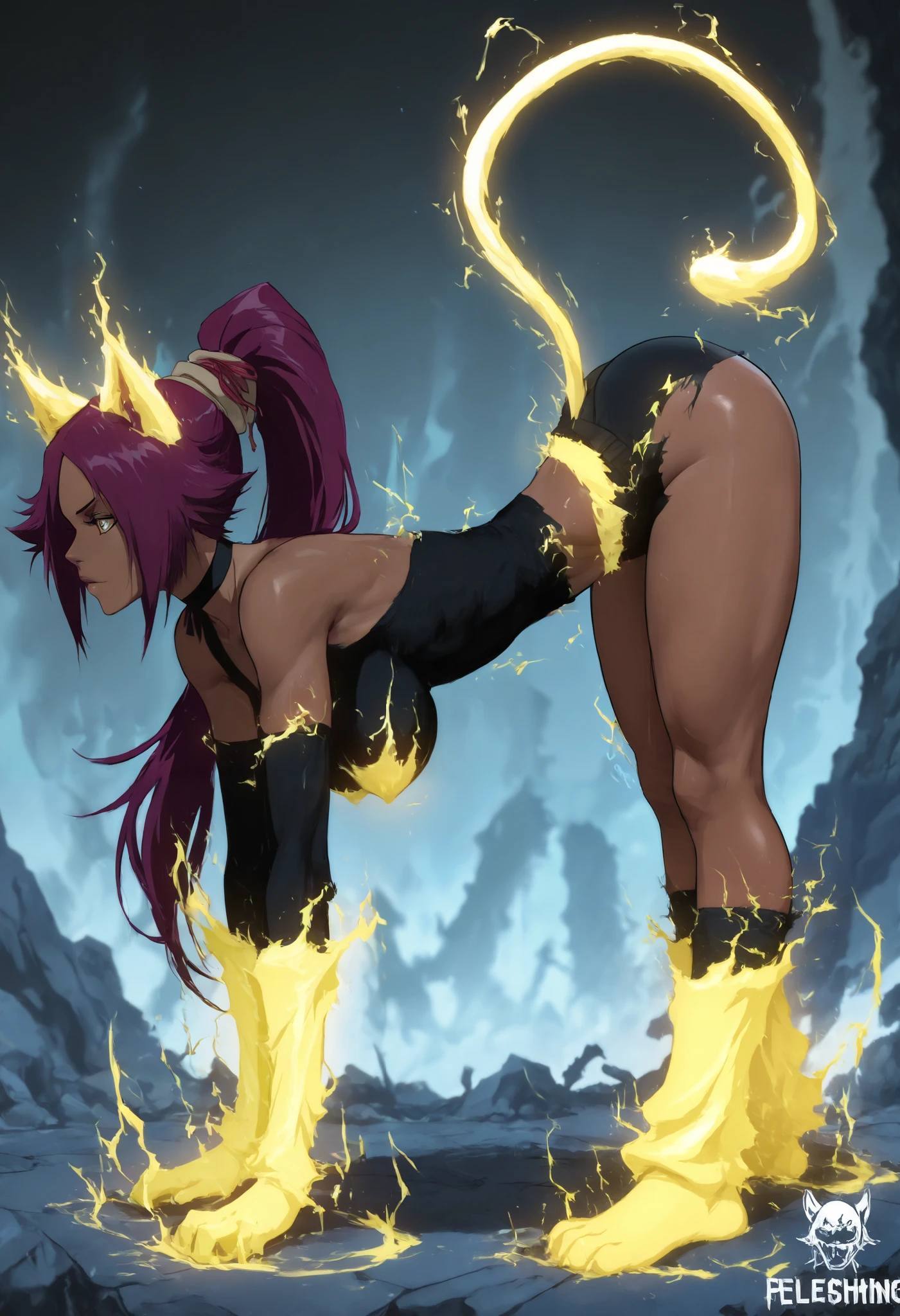 1 girl, Yoruichi Shihouin from Bleach, legs hanging ,hands on the floor,(from side:1.2),,(rear profile), hanging breasts,covered nipples,ass repel,Feline pose,Captain Yoruichi, dark-skinned woman, long hair, high ponytail, hair band, black choker, black kimono, kimono without sides, sleeveless, electrocrisating elbow-length gloves, Wad of bills, hip opening.YourichiLightning, dark-skinned woman, long hair, high ponytail, hair band, animal ears, feline cola, electrokinesis , blue electricity, convenient censorship, naked,epic, glow, Particles , brilliant, shorts, dynamic pose,Game of luses,high quality,alta definicion,Masterpiece,Lots of details
