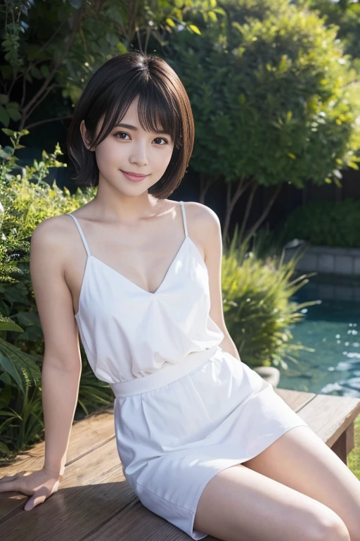 NFSW,In 8K,highest quality:1.4, Super high resolution:1.5, (realistic:1.4),masterpiece:1.2,(highest quality:1.4)、 RAW photo、 (background is blurry), 1 japanese girl, cute, (alone:1.4), (shy smile), smooth skin、 short hair,supple fingertips,beautiful black eyes、dual、natural skin texture:1.3, Realistic eye and face details:1.7、medium breasts、daytime、tight buttocks:1.5、look at the viewer,(fine eyes:1.1)、cute、White Nightgown、beautiful legs、thighs、I can see your chest