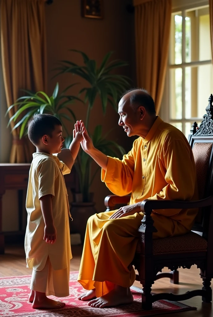 A 2-year-old Chinese monk,round facedressed in a monk's uniform,with hands folded on his chestsitting cross legged and smiling, In the temple,Disney style--ar3:4--Q5--V 5