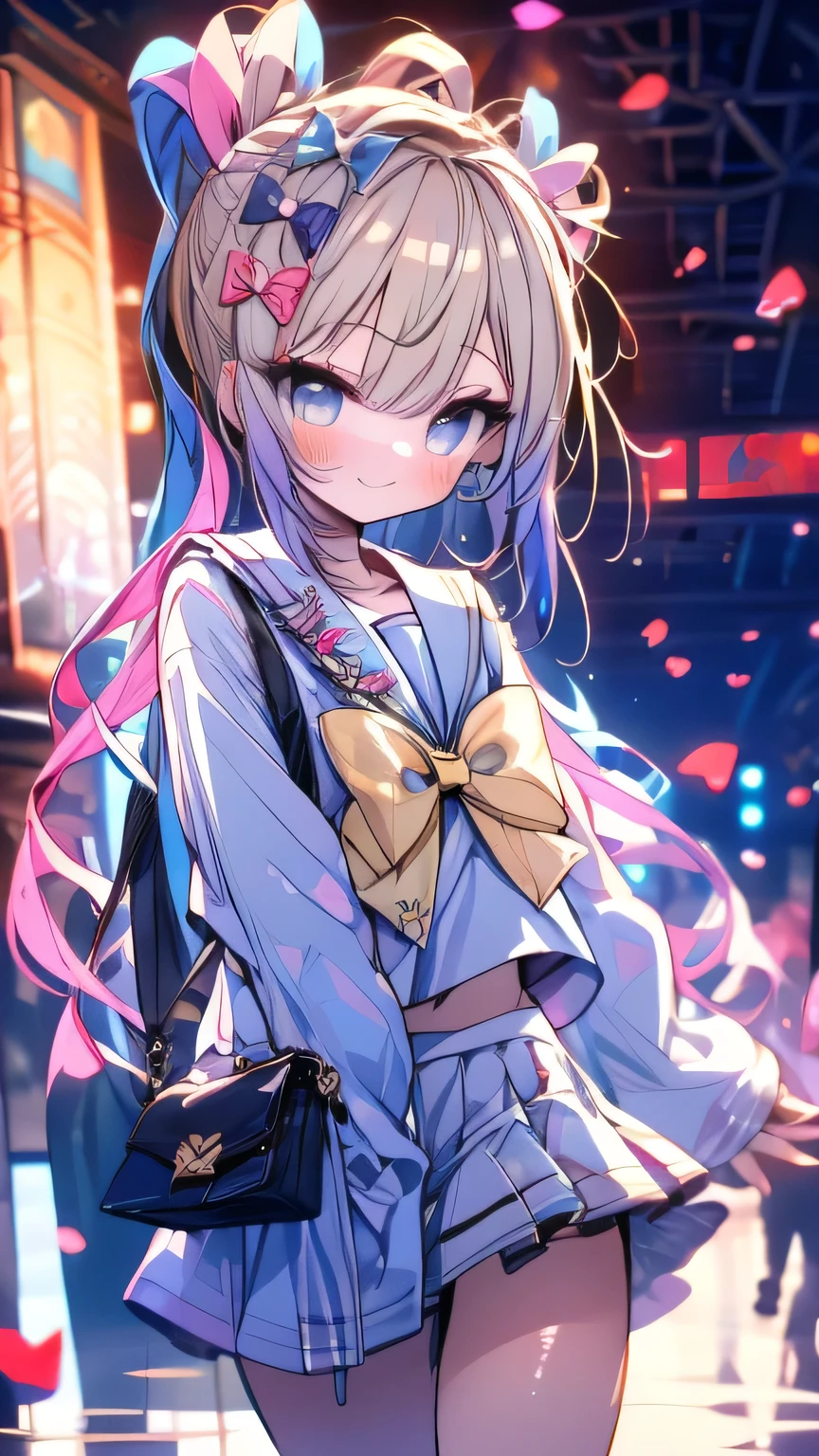 1girl arm_at_side aruka_(alka_p1) bag black_ribbon black_skirt blush brown_eyes cardigan cherry_blossoms closed_mouth commentary cowboy_shot day dutch_angle falling_petals floating_hair hair_between_eyes hair_intakes hair_ribbon hand_up highres long_hair looking_at_viewer miniskirt original outdoors petals plaid_clothes plaid_skirt pleated_skirt ponytail ribbon sailor_collar school_uniform serafuku shoulder_bag sidelocks silver-haired_girl_(aruka_(alka_p1)) skirt sleeves_past_wrists smile solo split_mouth spring_(season) symbol-only_commentary white_cardigan white_sailor_collar