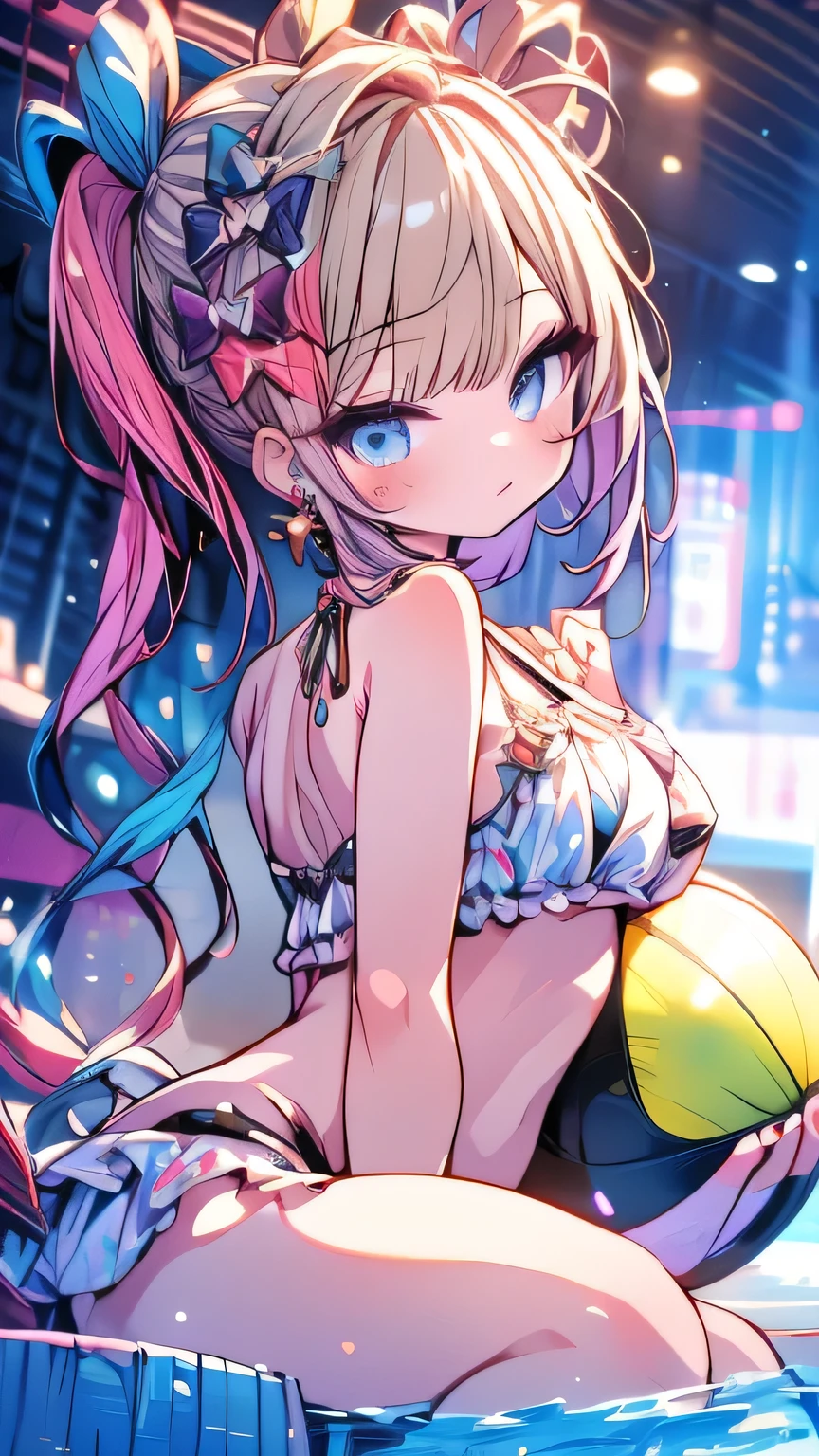 1girl ball beachball bikini cherry cup drinking_glass earrings food fruit gaou_(umaiyo_puyoman) glasses_on_head heart heart-shaped_eyewear holding holding_cup innertube jewelry one_eye_closed original seashell shell sitting solo swim_ring swimsuit v white_bikini