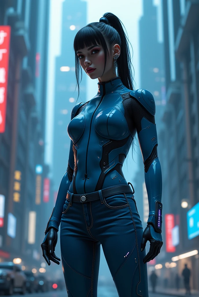 Complex 3d rendering very detailed beautiful ceramic silhouette female robot face, black rough lycra leotard, glowing blue band, cyborg, robot parts, robotic arm, robotic legs, looking viewer, 150mm, soft light, edge light, vibrant detail, luxurious cyberpunk, lace, surrealism, anatomy, facial muscles, tight, cable wire, microchip, elegant, beautiful background, octane rendering, HR Giger style, 8k, best quality, masterpiece, illustration , extremely refined and beautiful, extremely detailed, CG, unified, wallpaper, (realistic, realistic: 1.37), amazing, fine details, masterpiece, best quality, official art, very detailed CG unified 8k wallpaper, full body, grinning, standing, sexy pose, small tits, futuristic city, architecture, outdoors