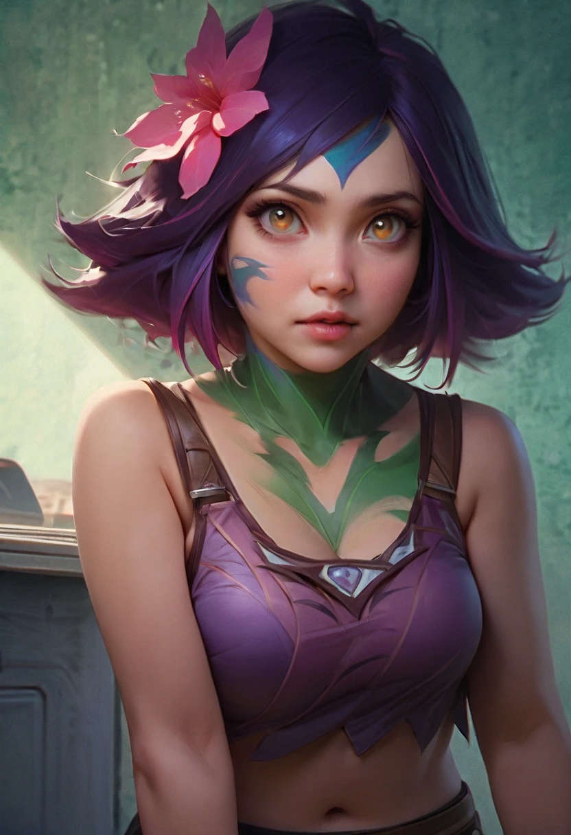 1 cultist female, tank top, closeup shot, floral, colorful , art by Alex Petruk (APe) , flat light