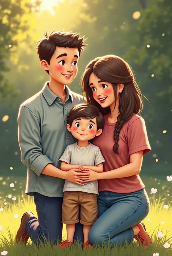 Black-haired girl, short height, pregnant, along with a 4-year-old boy with short curly hair, along with a black chihuahua dog, and along with a man with a Nike flat cap and an Adidas sweatshirt, with reading glasses and tattooed skin