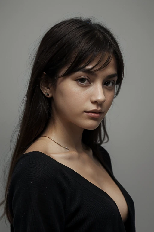 ((Best Quality)), ((masterpiece)), (detailed), realistic photo of perfect face of a beautiful woman with long dark brown hair, russian, man of influence, light freckles, dark brown eyes, big lips, without makeup, Instagram, a black and white photo of a woman in a dress, a black and white photo, tumblr, black turtleneck, black halo, curvy model, «9 0 s, total black suit, modeling