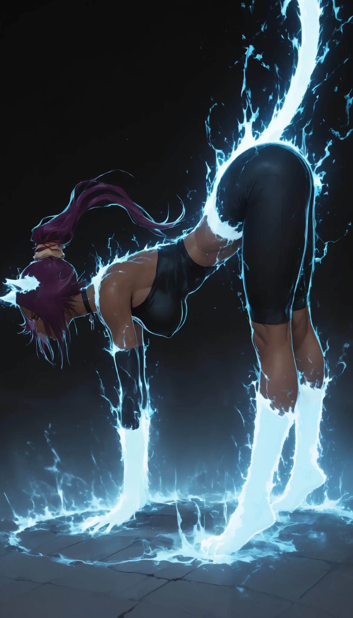 1 girl, Yoruichi Shihouin from Bleach, legs hanging ,hands on the floor,(from side:1.2),,(rear profile), hanging breasts,covered nipples,ass repel,Feline pose,Captain Yoruichi, dark-skinned woman, long hair, high ponytail, hair band, black choker, black kimono, kimono without sides, sleeveless, electrocrisating elbow-length gloves, Wad of bills, hip opening.YourichiLightning, dark-skinned woman, long hair, high ponytail, hair band, animal ears, feline cola, electrokinesis , blue electricity, convenient censorship, naked,epic, glow, Particles , brilliant, shorts, dynamic pose,Game of luses,high quality,alta definicion,Masterpiece,Lots of details