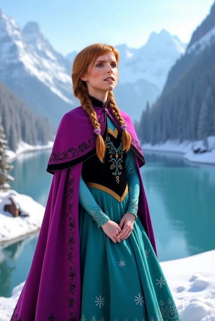 uma pintura de uma mulher com longos cabelos ruivos vestindo uma jaqueta roxa, Anna de Arendelle, fotografia Extremamente Realista