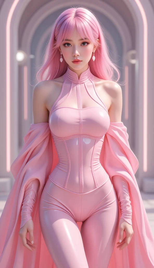 {{{masterpiece, best quality, illustration,game_cg}}}, 1girl, latex tights, pink tights, carved tights, {{{burst breasts}}}, pink, headphones, double ponytail, shiny, full body, bangs, long pink double ponytail, blush, gloves, impossible clothes, latex, latex jumpsuit, short coat, tight, shrugged\(clothes\), medium bust, thin waist, perfect figure, thin legs, long sleeves , looking at the audience, pink eyes, simple background, skin firmness, smile, solo, posing, very long hair, white gloves, white hair