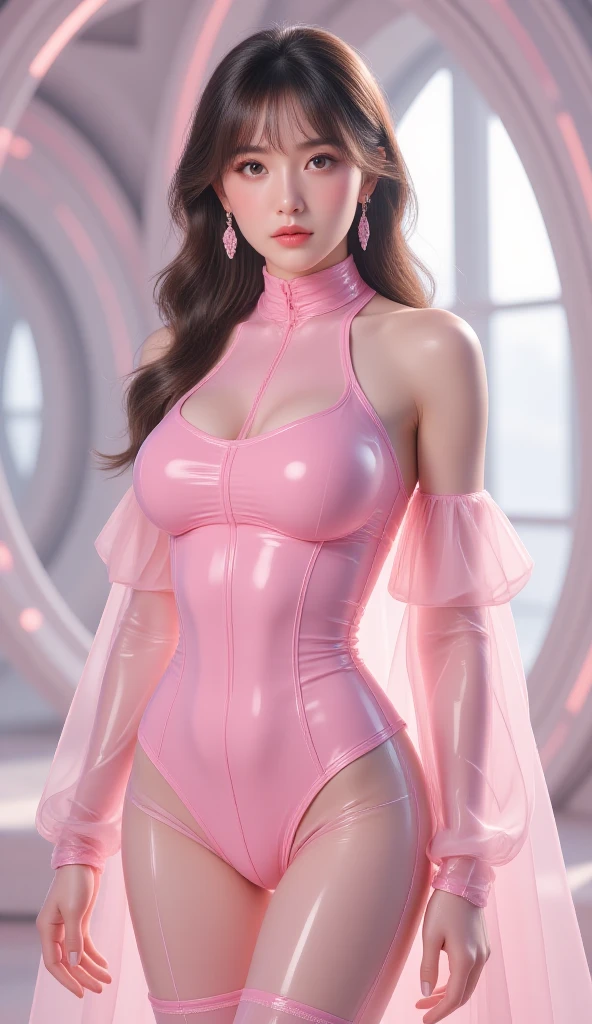 (Best Quality, Masterpiece: 1.1), (Reality: 1.4), 1 girl, long pink hair, curly hair, blue cute eyes, face, flaming red lips, oversized breasts, her hands covering her breasts, tight legs, long legs, sweaty body, shiny skin, seductive pose, in a subway car, perfect figure, age 26, seduction, flesh-colored transparent jumpsuit, flesh-colored one-piece stockings, flesh-colored one-piece stockings, flesh-colored horse oil stockings, oily skin