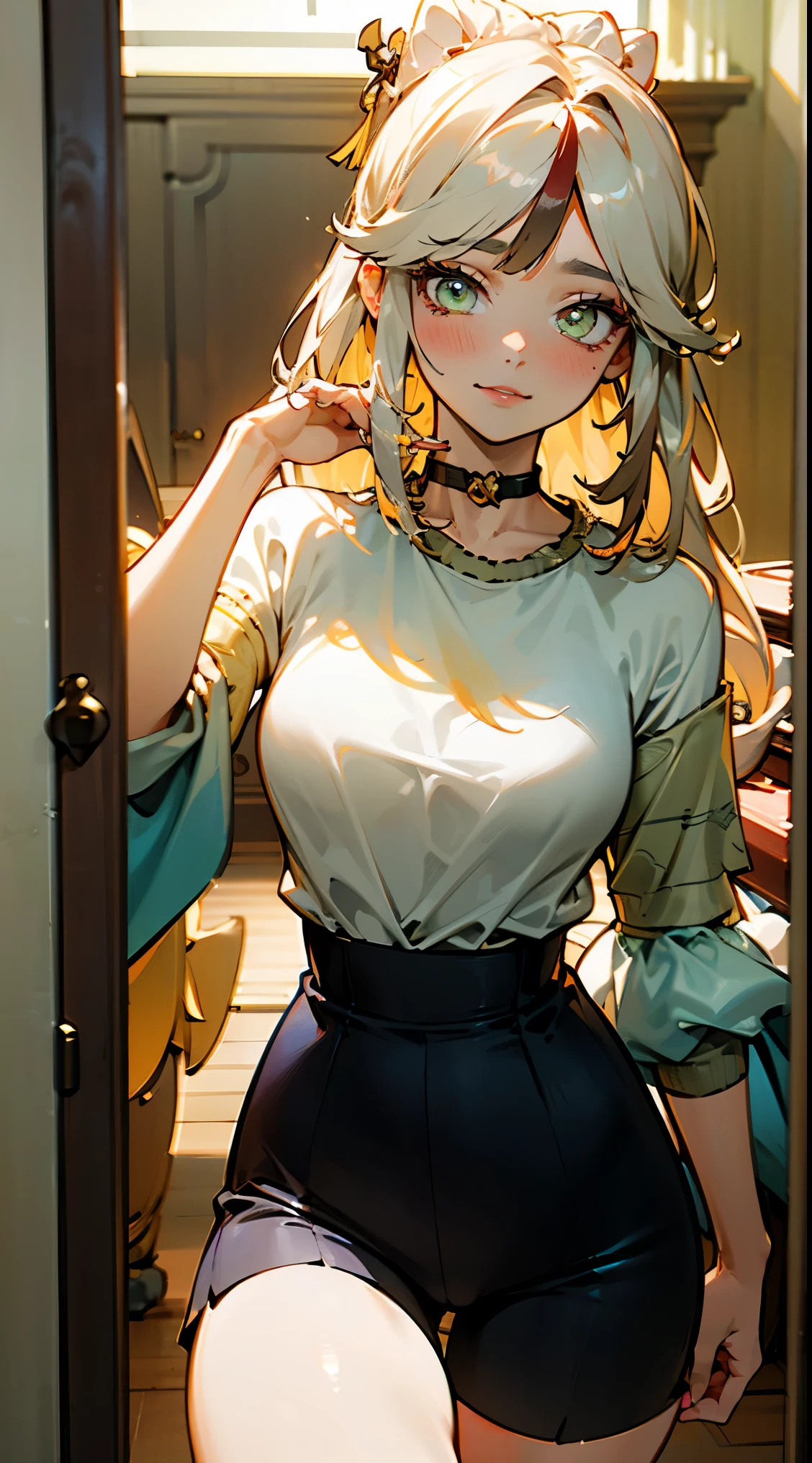 (geometric:1.1), ((1 anime girl, amazing, cute girl)), (Masterpiece, Best quality, Beautiful and aesthetic:1.2),((Ultra-high resolution, Golden ratio)), (Physically-based rendering), Sharp focus, (((high detail skin))), Intricately detailed clothing, Delicate pupils, Danfeng Eye,((((multicolor hair, cold detailed hair, long hair)))), Slender, geometric eyes :1.1, ((extremely_Detailed_eyes_and_face)), long eyelash, (masterpiece side lighting), (Dynamic configuration: 1.2), dynamic pose, Perfect Anatomy, Eyeliner, nsfw, sharp eyes, choker, mini shirt, light smile, hair adornments, fit thighs, thigh gap, A bimbo egirl posing for a full-length frontal portrait . This is a photograph of a young woman with fair skin , short straight blonde hair cut in a shaggy , layered style , giving her a natural , messy look . Perfect round breasts , very slim waist , thick thighs , hourglass figure , almond-shaped light green eyes are accentuated with thick black eyelashes and dramatic makeup , with light blush and nude lips . Wearing a beige crochet top with sleeves and white cotton shorts , taking a picture in the mirror , ultra realistic , super detailed , high quality .