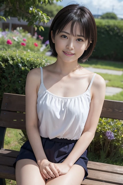 highest quality、Ultra-high resolution、8k、masterpiece、Clear photos、Sharp focus、Delicate and beautiful 、Very cute girl、18-year-old、slender、See-through wet white shirt、Soaking wet、I can see her cleavage:1.2、Very short black skirt:1.8、Very short bob hair、Brown Hair、smile、Squatting with legs apart:1.6、On the grass in the park、Beautiful legs、Showing off her lacy white underwear:1.8、Shooting from the front:1.6