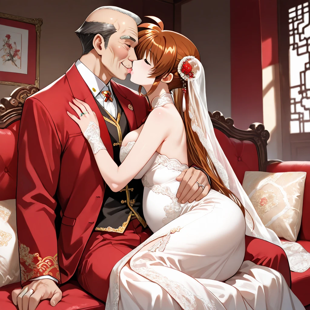 ((Highest quality)), ((masterpiece)), (detailed), （Perfect Face）、The woman is a Vietnamese woman named Katsuragi Marina, wearing a gorgeous and glittering Ao Dai, a traditional Vietnamese dress with gold embroidery, a gorgeous hair ornament, gorgeous jeweled accessories and an engagement ring. The woman and the man are sitting on a gorgeous, large sofa in a luxurious room, and the woman is passionately embracing and passionately kissing the dignified and bearded middle-aged Vietnamese man wearing Vietnamese national dress, making passionate love as a married couple.、The woman is the elegant Katsuragi Marina, a Vietnamese woman with brown semi-long hair wearing an ao dai.、The man is a dignified, muscular, bearded, middle-aged Vietnamese man wearing Vietnamese national dress.