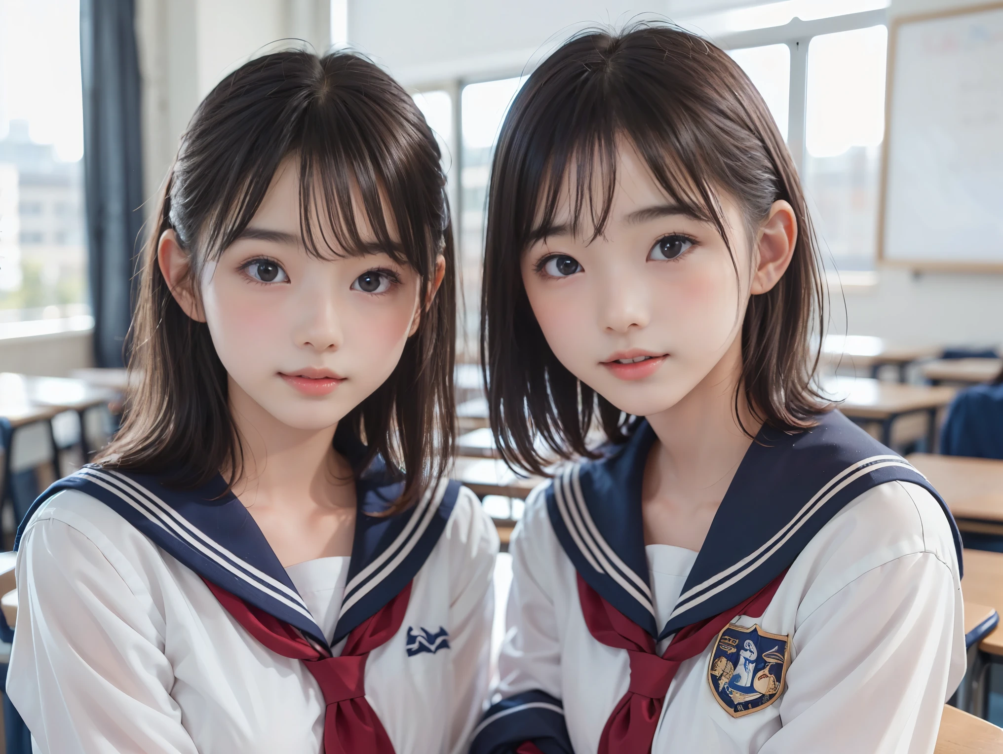 ((two girls, )), ((sailor suit)), (two girls), (((The girl on the left has big breasts, The girl on the right has small breasts:1.4, The girl on the left has short hair, The girl on the right has long hair, The girl on the left has a cool expression, the girl on the right has a cute expression))), ((pale skin:1.3)), (smile, baby face:1.3), classroom, classmate, (best quality), realistic, (live-action, complicated details), Natural Skin Texture