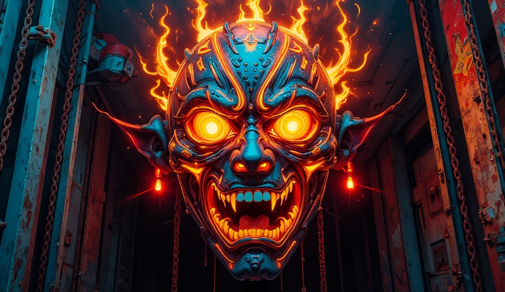 cyberpunkxd, Hannya Mask made of fire, close up, mecha, robot, Alone, cable, bright, bright eyes,volumetric light,neon light,(8k, photo and gross, Best Quality, Masterpiece), realist,8k,HDR,UHD,Masterpiece,Best Quality,Very detailed,wallpaper,reality ray tracing,