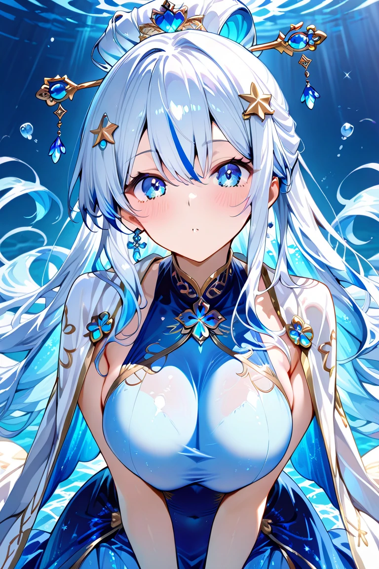 (High quality, High resolution, Fine details), (glass spheres:1.2), surreal, whimsical, dreamlike, floating, glowing, ethereal, transparent, majestic, mystical, magical realism, Shining dress, solo, curvy adult women, white hair, sparkling eyes, (Detailed eyes:1.2), smile, blush, Sweat, Oily skin, Soft tones, cinematic lighting, dramatic shadows, shallow depth of field