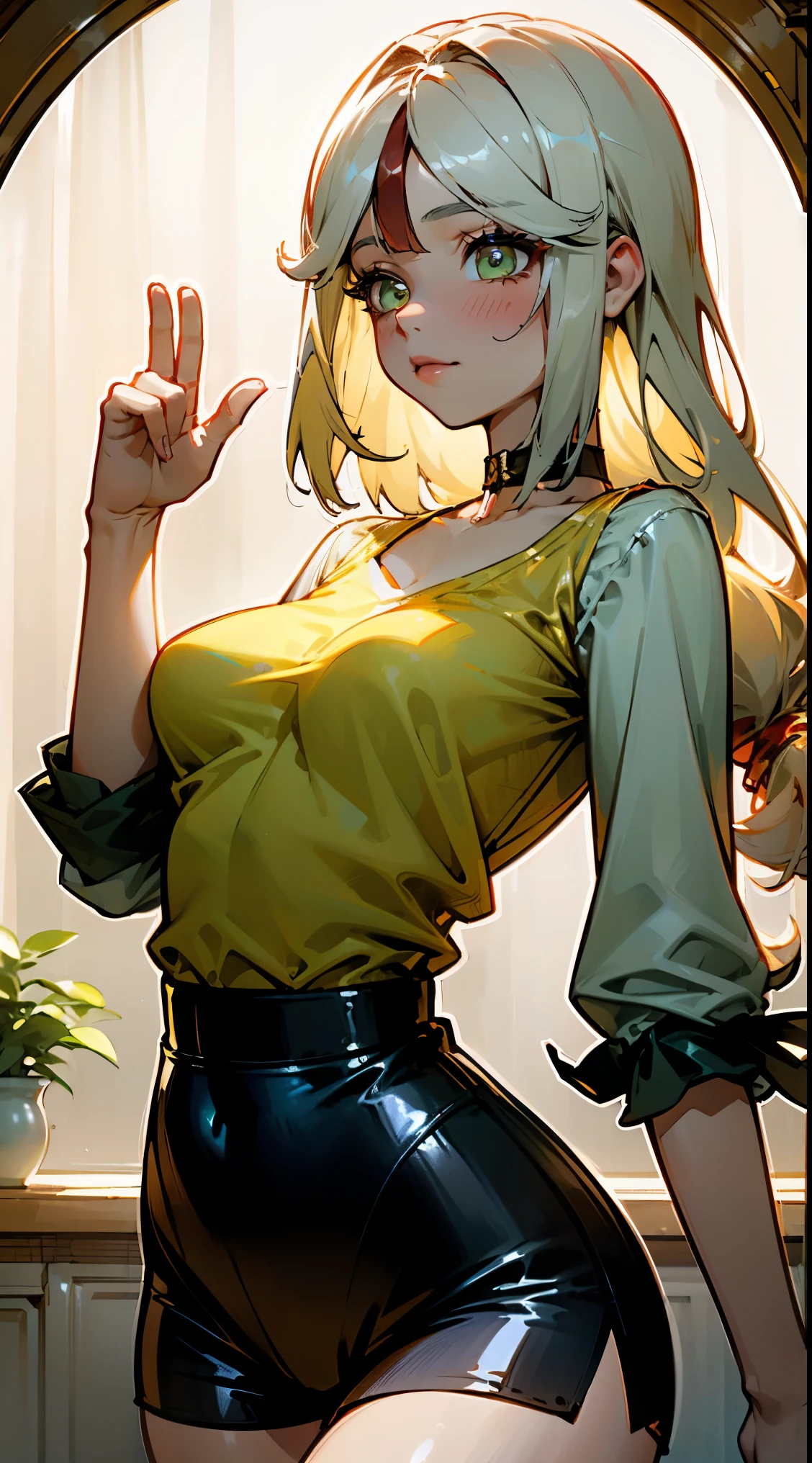 (geometric:1.1), ((1 anime girl, amazing, cute girl)), (Masterpiece, Best quality, Beautiful and aesthetic:1.2),((Ultra-high resolution, Golden ratio)), (Physically-based rendering), Sharp focus, (((high detail skin))), Intricately detailed clothing, Delicate pupils, Danfeng Eye,((((multicolor hair, cold detailed hair, long hair)))), Slender, geometric eyes :1.1, ((extremely_Detailed_eyes_and_face)), long eyelash, (masterpiece side lighting), (Dynamic configuration: 1.2), dynamic pose, Perfect Anatomy, Eyeliner, nsfw, sharp eyes, choker, mini shirt, light smile, hair adornments, fit thighs, thigh gap, A bimbo egirl posing for a full-length frontal portrait . This is a photograph of a young woman with fair skin , short straight blonde hair cut in a shaggy , layered style , giving her a natural , messy look . Perfect round breasts , very slim waist , thick thighs , hourglass figure , almond-shaped light green eyes are accentuated with thick black eyelashes and dramatic makeup , with light blush and nude lips . Wearing a beige crochet top with sleeves and white cotton shorts , taking a picture in the mirror , ultra realistic , super detailed , high quality .