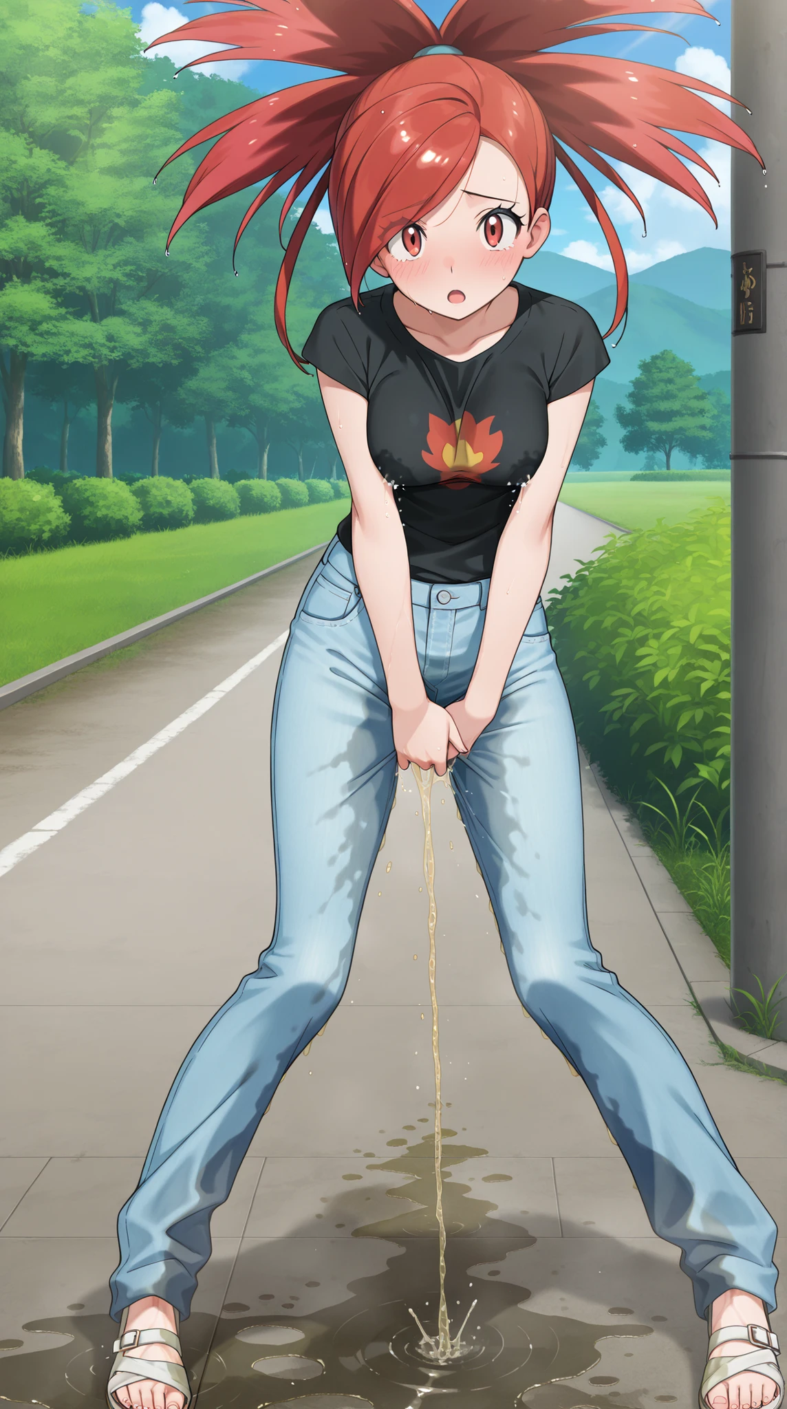 ((1girl, solo,)) brown hair, ponytail, left sided bangs, red crop top, short sleeves, medium breasts, cleavage, short shorts, green shorts, denim shorts, white loose socks, black sneakers, standing, hands on hips, looking down, blushing, ((wetting self, peeing self, puddle, pee stains)), cameltoe, full body, forest background