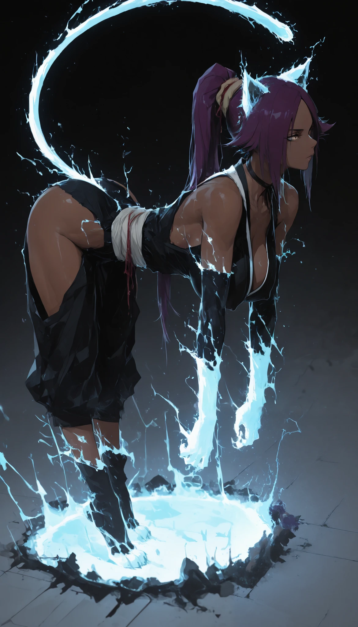 1 girl, Yoruichi Shihouin from Bleach, legs hanging ,hands on the floor,(from side:1.2),,(rear profile), hanging breasts,covered nipples,ass repel,Feline pose,Captain Yoruichi, dark-skinned woman, long hair, high ponytail, hair band, black choker, black kimono, kimono without sides, sleeveless, electrocrisating elbow-length gloves, Wad of bills, hip opening.YourichiLightning, dark-skinned woman, long hair, high ponytail, hair band, animal ears, feline cola, electrokinesis , blue electricity, convenient censorship, naked,epic, glow, Particles , brilliant, shorts, dynamic pose,Game of luses,high quality,alta definicion,Masterpiece,Lots of details