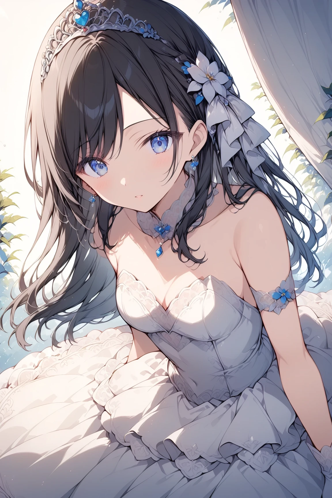 highest quality, masterpiece, from below, Girl with long black hair, White sleeveless short dress with black lace on the chest, looking at the viewer, panties, garden, enchanting smile, open your mouth,