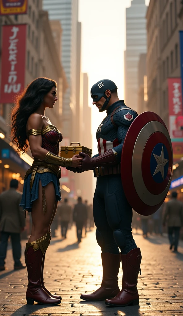 Batman and Wonder Woman standing next to a newspaper stand. btman reads the newspaper while wonder wona smiles at the newspaper vendor