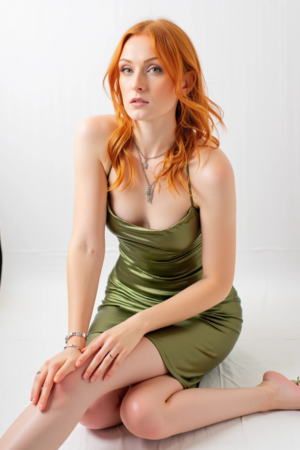 (full body) full-length shot of a young Amy Adams, in light green metallic dress, in a bedroom, ginger hair tied back, wearing pearl necklace, wearing hoop earrings, ultra sharp focus, (high detailed skin:1.2), 8k uhd, dslr, high quality, film grain, Fujifilm XT38k, {{1girl}} (8k, RAW photo, highest quality),(epic realistic:1.5), dynamic posture,erotic face (detailed eyes:0.8),(looking at the camera:1.4), (highest quality), (best shadow),intricate details,cinematic,((skin:1.4)),interior,dark studio,(hdr:1.5),detailed,(bright lighting: 0.7), masterpiece, full-length portrait, perfect face, captivating eyes, bright details, pouting lips, (high skin detail), oil on breasts, perky breasts (tint: 0.1), (dirty: 0.57), flirting with camera