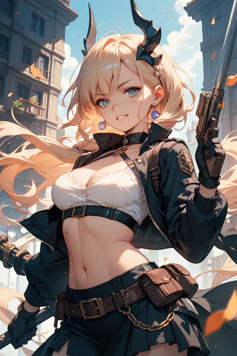 最high quality、Best image quality、masterpiece、girl((Age 25、 By becoming、Best Bust、Medium Bust,Wide open breast tea、Red glowing eyes,Blonde、Red Mesh、Disheveled Hair、Lointail、thin,The highest valley、Open chest、Luminous Wristbands、hair ornaments、Show the whole body,Black tank top、Red Bandana、Military pantuscular、revolver、scar、Military Cap)),high quality、Beautiful art、background((Photography room))、Flight、Flying debris、Written boundary depth、movie、Visual Arts、Perfect art、8K,Genuine,