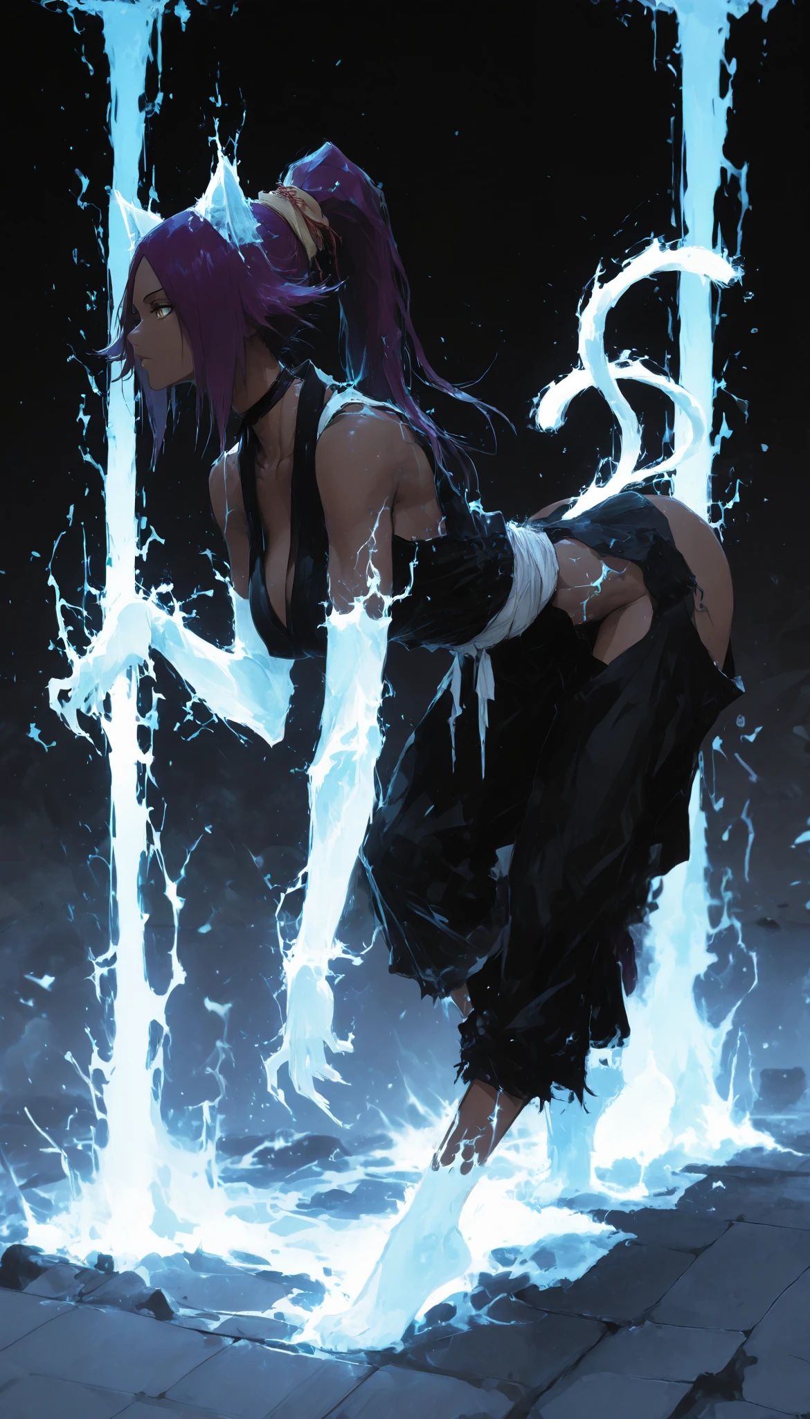 1 girl, Yoruichi Shihouin from Bleach, legs hanging ,hands on the floor,(from side:1.2),,(rear profile), hanging breasts,covered nipples,ass repel,Feline pose,Captain Yoruichi, dark-skinned woman, long hair, high ponytail, hair band, black choker, black kimono, kimono without sides, sleeveless, electrocrisating elbow-length gloves, Wad of bills, hip opening.YourichiLightning, dark-skinned woman, long hair, high ponytail, hair band, animal ears, feline cola, electrokinesis , blue electricity, convenient censorship, naked,epic, glow, Particles , brilliant, shorts, dynamic pose,Game of luses,high quality,alta definicion,Masterpiece,Lots of details