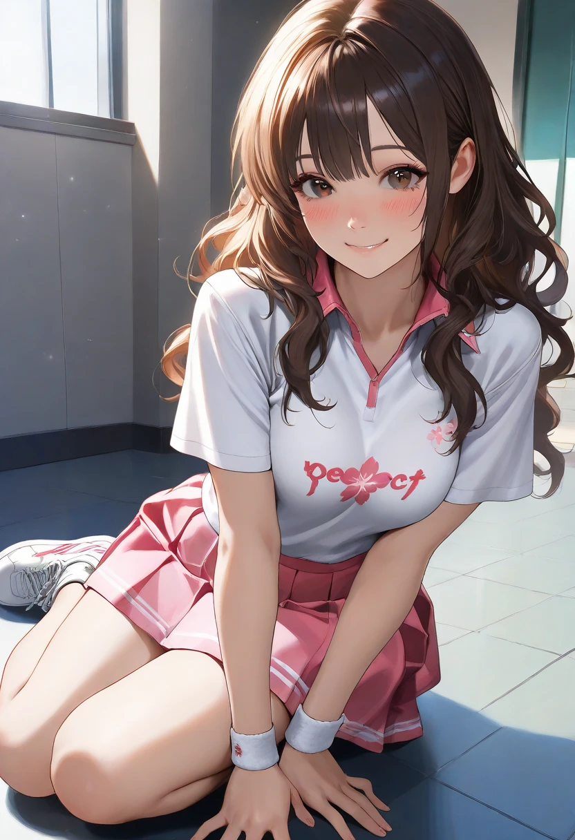 Highest quality、High resolution、Detailed Background、(Detailed eyes:1.2)、Teenage beauty、(Highly detailed face:1.4)、(Huge breasts:1.2)、Cute hair color、Cute hairstyle、Perfect body line、Tennis court、Girls enjoying tennis、smile、Uplifting、One-piece tennis wear with a skirt、The skirt is flared and cute、T-shirt and skort set、The T-shirts are printed with logos and graphic designs, making them sporty yet cute.、Colorful gradient and patterned designs、Pale pastel colors and vivid colors、Feminine details such as ribbons and frills、It has a ribbon on the waist and frills on the hem.、hair band、Wristband、socks、Sneakers and other shoes are also available in white and pink.、Choose pastel colors、Sporty yet cute、Cute gestures