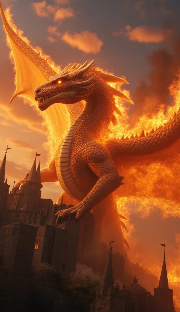A golden fire dragon spread its wings atop the tower.