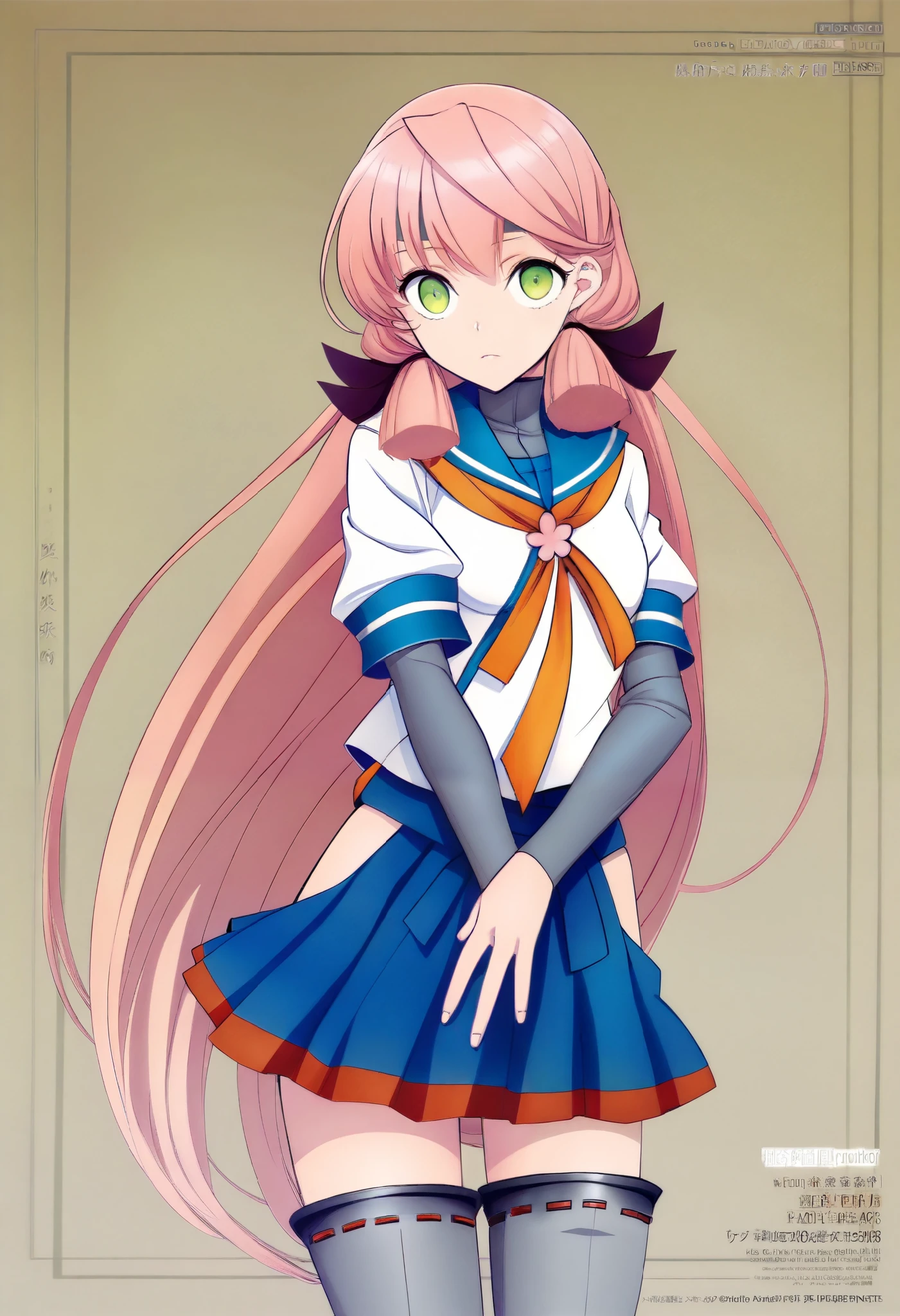 high resolution pictures, masterpiece, Best Quality, great quality, official art, Alone, 1 girl, AkashiKc,long hair,green eyes,pink hair,skirt, thighhighs, long sleeves, school uniform, hair ribbon, pleated skirt, serafuku, blue skirt, tress ribbon, bandana, hip vent,( grey)arm sleeves,