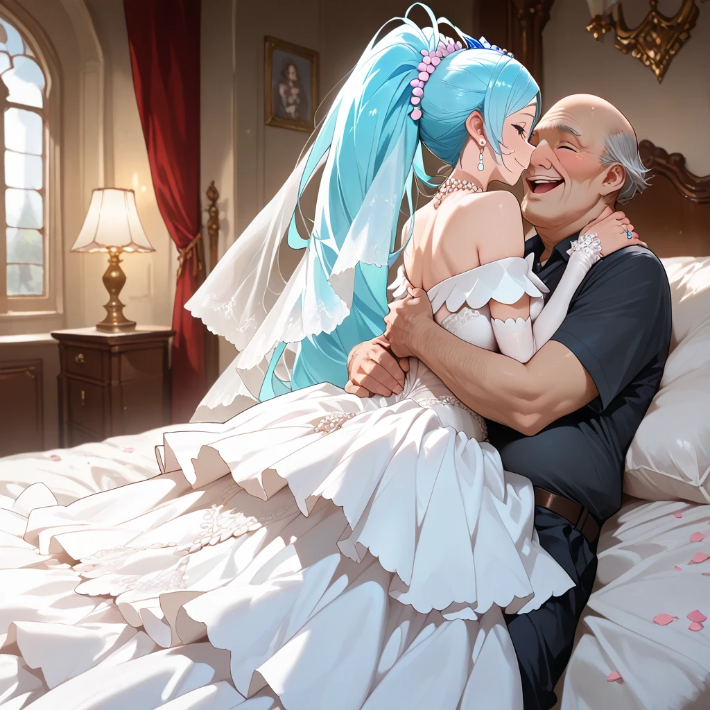 (Unbeatable masterpiece, ultra realistic 8k cg, Perfect artwork, perfect women figure,dramatic shadow,Ray tracing),(1 bride:1.2),(wedding gown:1.2),(White suspender stockings:1.2),Disheveled clothes,on top of the bed,(seen from the side),(beautifullegs:1.3),nice leg line,Pouting ass,(Being touched by an old man:1.5),huge tit,fat hips,Desire for sex,Reddened face,weeping,Confused eyes