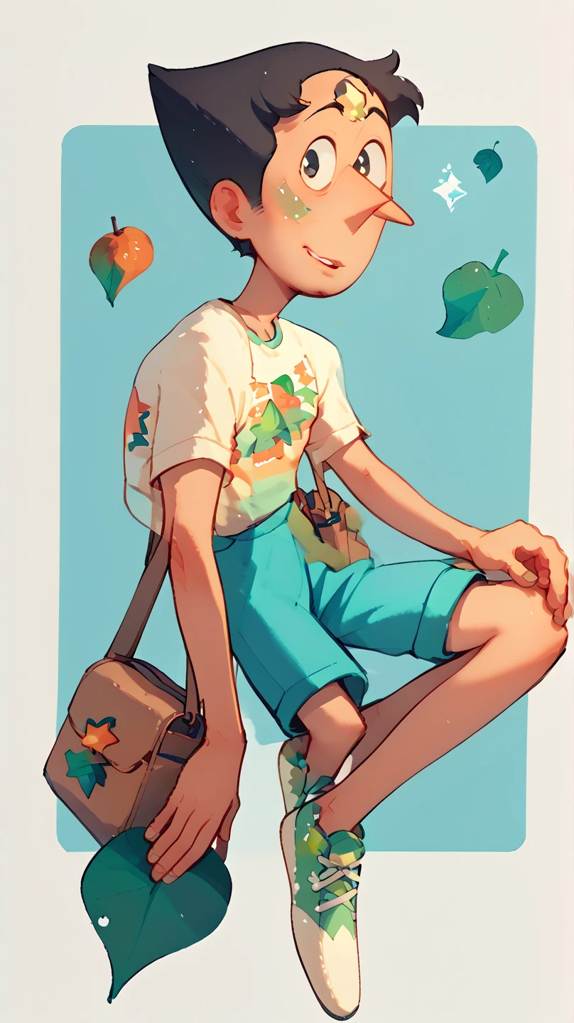 a age male character who is  who has tanned skin that is in the cartoon style in the "steven universe" style with a thin and skinny waist, he has black hair and at the back of the head he ties which gives a star shape he has a cute face with quite full lips and Asian eyes like in manga and Japanese animation he wears clothes in the modern and old style he has blue shorts and a green t-shirt with a cute leaf pattern in the middle and green basketball shoes he holds a brown schoolbag and he has without forgetting his star-shaped haircut.
