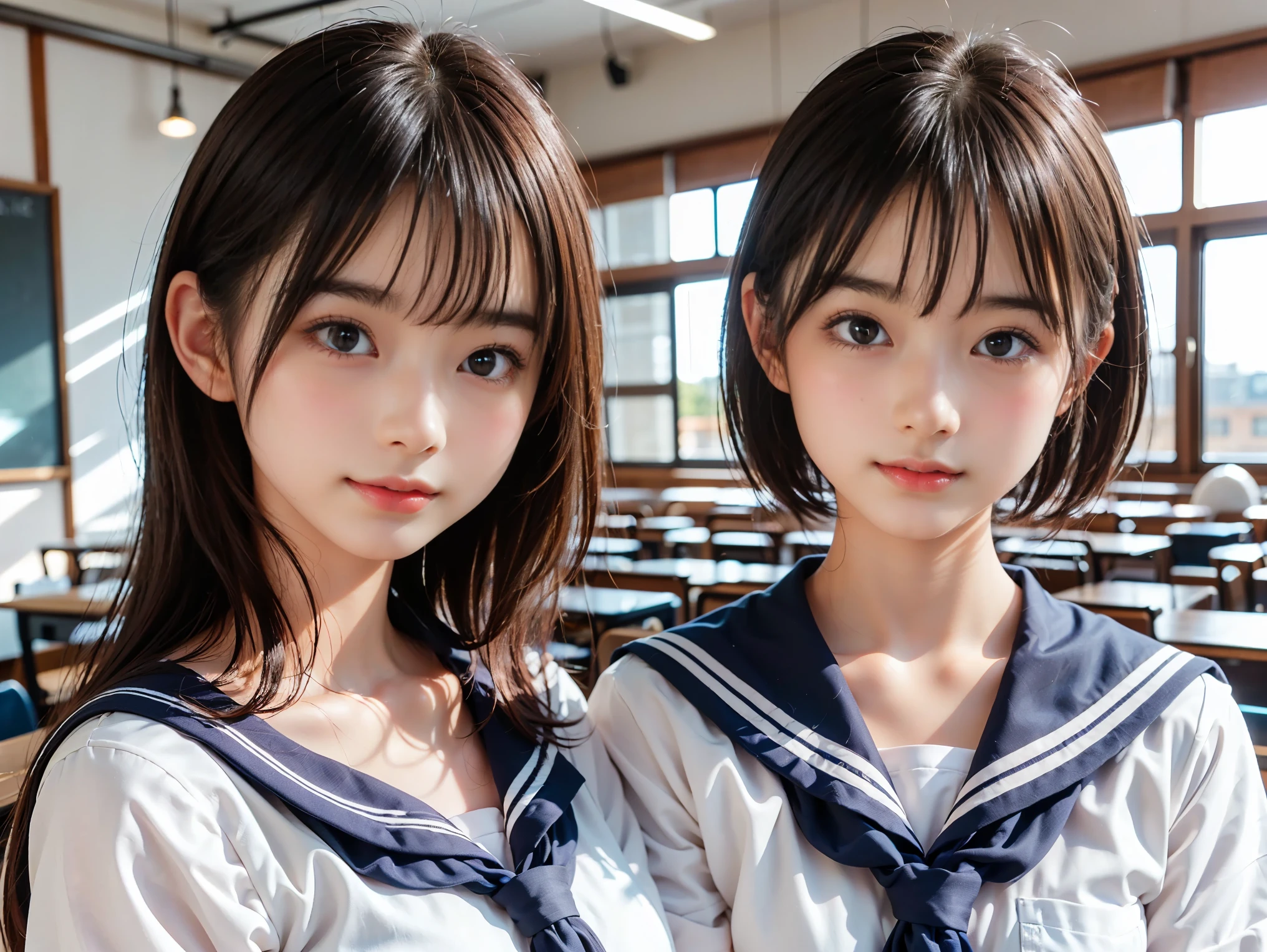 ((two girls, )), ((sailor suit)), (two girls), (((The girl on the left has big breasts, The girl on the right has small breasts:1.4, The girl on the left has short hair, The girl on the right has long hair, The girl on the left has a cool expression, the girl on the right has a cute expression))), ((pale skin:1.3)), (smile, baby face:1.3), classroom, classmate, (best quality), realistic, (live-action, complicated details), Natural Skin Texture