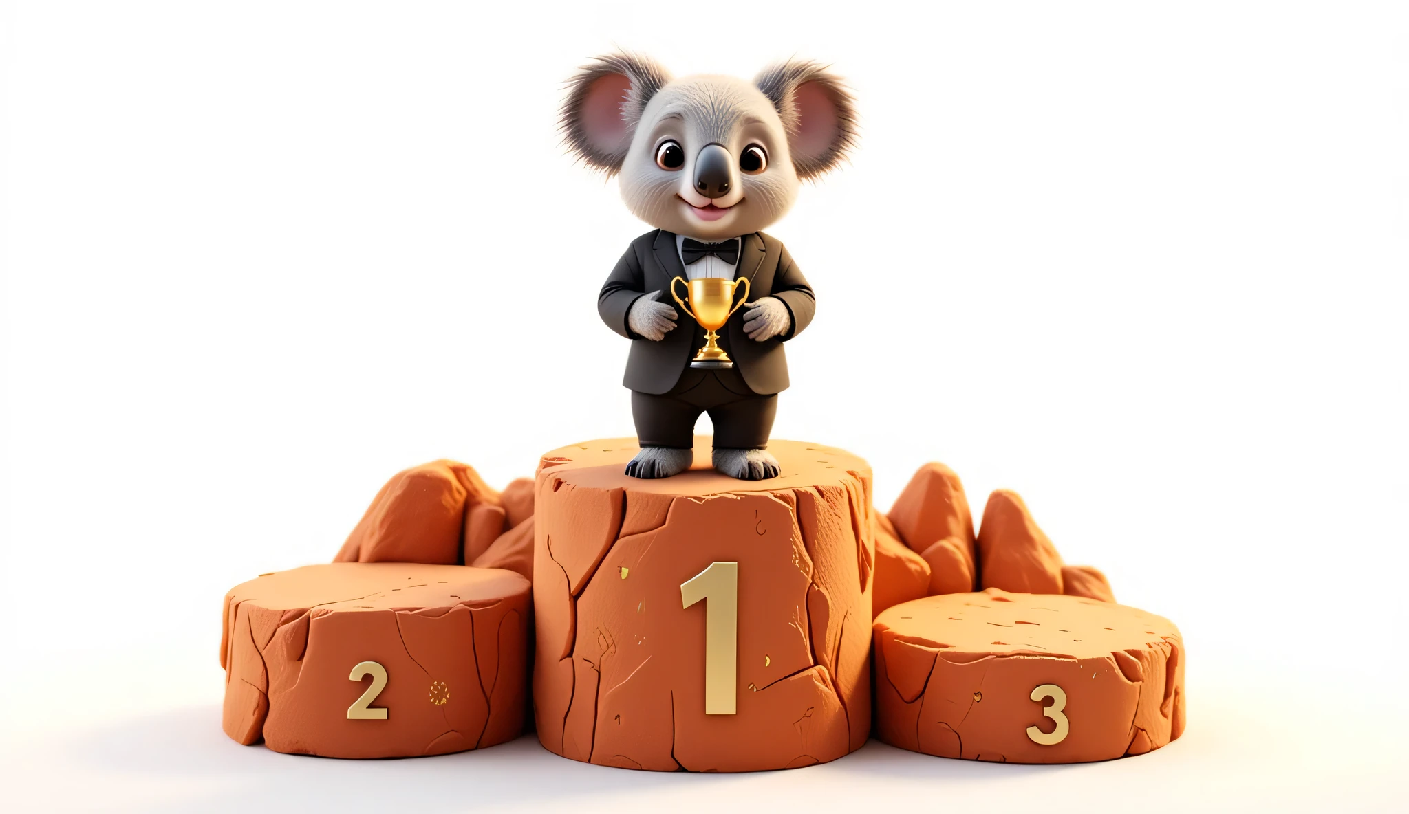 A stylized 3D leaderboard podium with an Australian theme, tilted at an angled perspective. The first-place podium resembles Uluru, textured with a smooth sandstone finish in warm desert brown and orange tones. Atop the podium stands a 2-3 heads tall koala wearing a sleek black suit with a white dress shirt and a classy bow tie, holding a golden trophy. The koala has a confident yet friendly expression. The second and third-place platforms resemble smaller desert formations, adorned with Aboriginal-style patterns. The entire structure has glowing golden highlights, reminiscent of an Australian sunset. The background is pure white for easy cropping."

