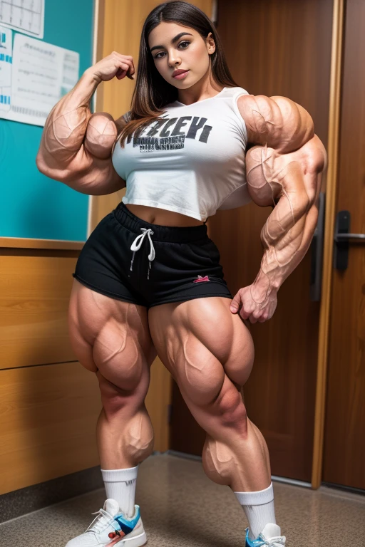 mulher arafiada de saia e camisa posando em frente a um quadro ?????, poderoso e enorme, hyperestudante realista, exaggeratedly large physique, estudante realista, garota musculosa, huge legs towering over you, um hiperrealista , feminine and muscular, forte e imponente, huge muscles, huge muscles, big muscles, mulher ultraviolenta muscular