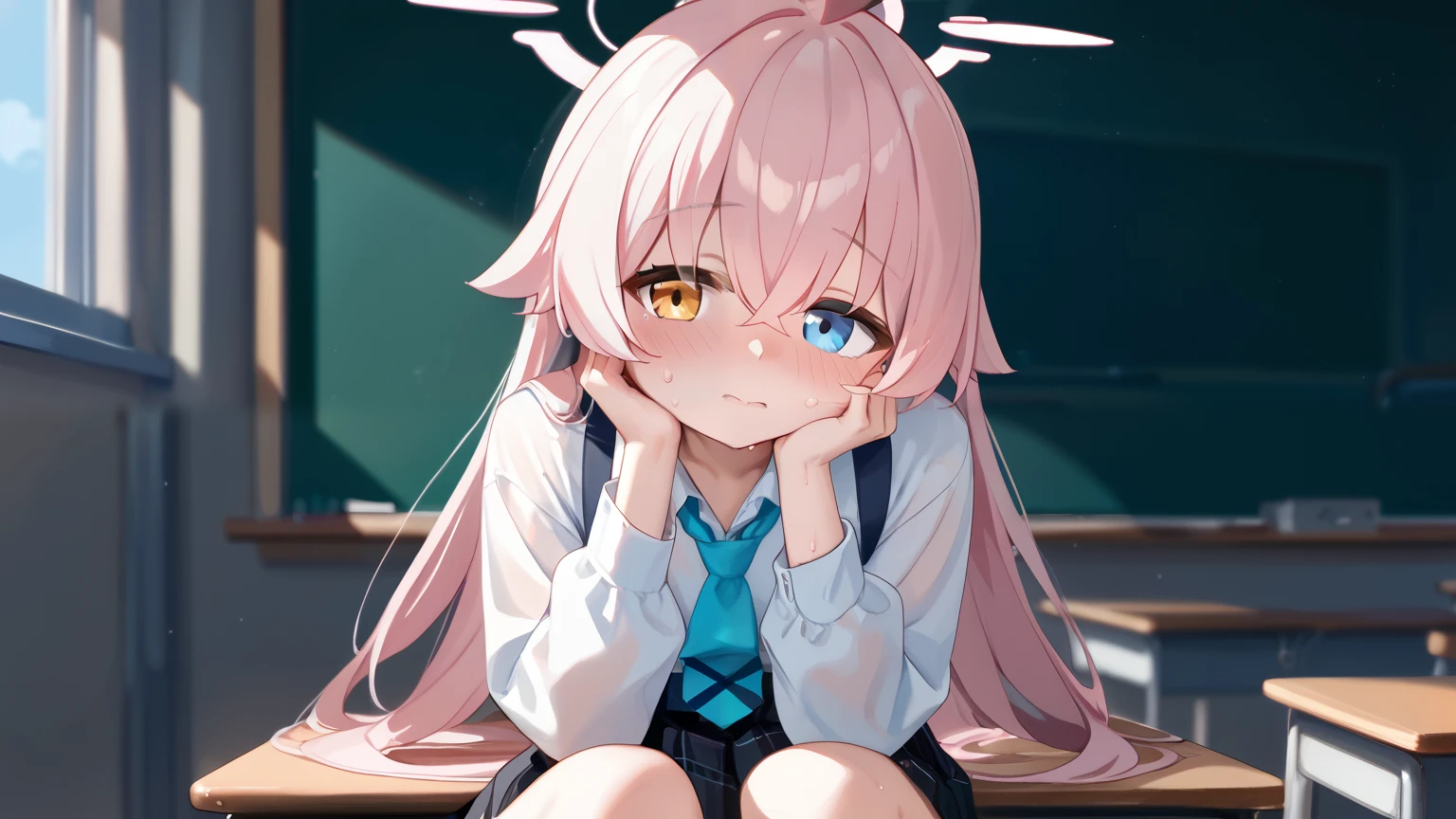(Masterpiece, absurdres, topquality), 1girl, solo, hoshino \(blue archive\), heterochromia, long hair, pink, hoshino-swim, in the classroom, sitting upright, elbows on desk, hand on cheek, sweaty, shy, blushing, small breasts, front view, looking at viewer, body front