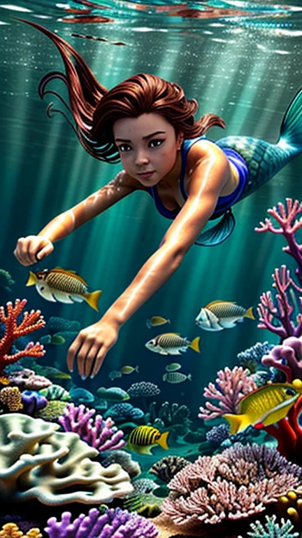 "Create a cartoon-style illustration/manga with characters of juvenile proportions and exaggerated expressions. Use a vibrant, saturated color palette. Characters must have clean, well-defined lines, with soft shadows and light gradients. The background should be moderately detailed with natural elements, such as water and aquatic plants, that complement the scene without overloading the characters. Add light effects, reflections and bubbles to capture the feeling of a dynamic underwater environment.