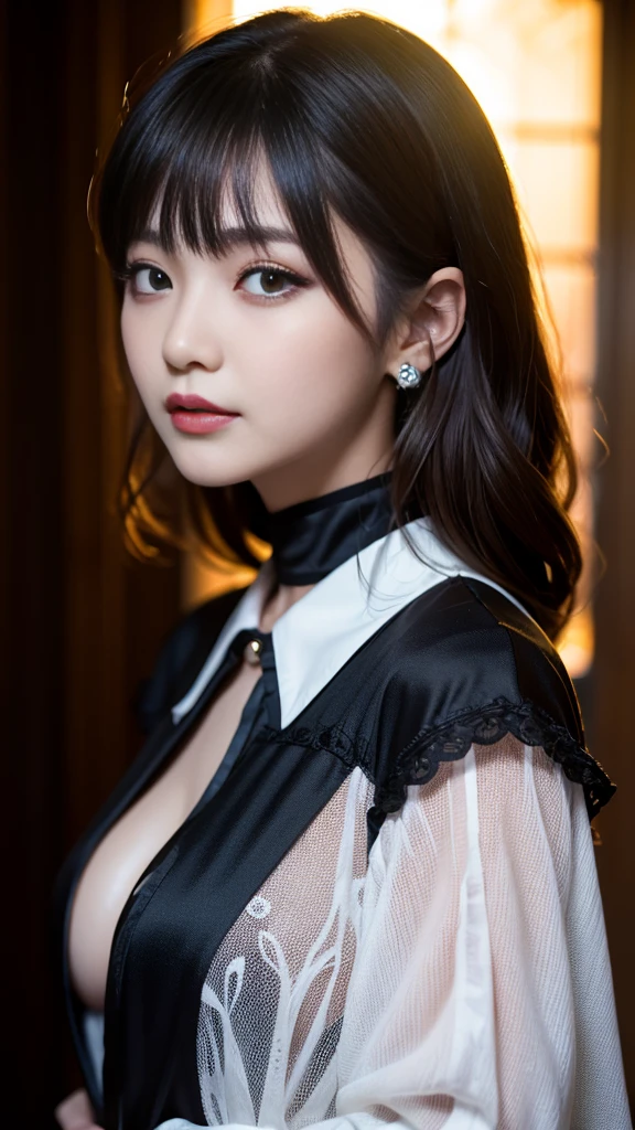 Beautiful girl with realistic black eyes, pale skin, Long black hair, perfect face,short dress,perfect eyes, ((Wearing a black coat)),((A tight lace dress with a large opening at the chest)) very detailed, comprehensive movie, digital painting, 8K, cinematic lighting, highest quality, High resolution, Great job!, Post-processing, perfect result, surreal,(((revealing clothes))),big breasts,choker
