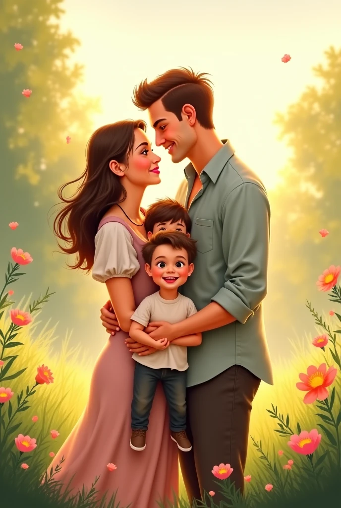 A drawing for a magical story where a 50-year-old man appears who is not very thin., gray-haired with a not-so-thin woman,black-haired hugging her brown-haired daughter, that has a colorful dress and that she is in her arms