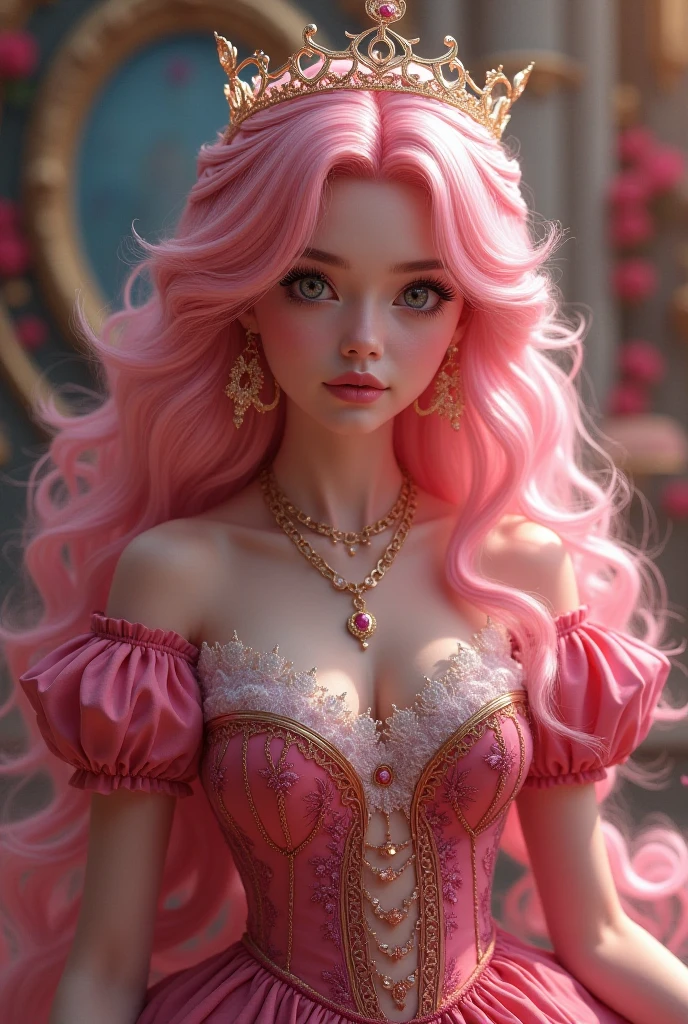 ((anime art: 1.5)), RPG art, Dark fantasy anime art, comic portrait  pin up picture of Barbie as a dominatrix queen (best details, Masterpiece, best quality :1.5), ultra detailed face (best details, Masterpiece, best quality :1.5), ultra feminine (best details, Masterpiece, best quality :1.5), wearing latex pink mini dress, pink stockings, pink high heels, long braided hair, hair pulled back, blond hair, dynamic background (best details, Masterpiece, best quality :1.5), ultra best realistic pictures , best details, best quality, 16k, [ultra detailed], masterpiece, best quality, (extremely detailed), ultra wide shot, photorealism, depth of field, hyper realistic painting, rpg portrait, Dark Fantasy page