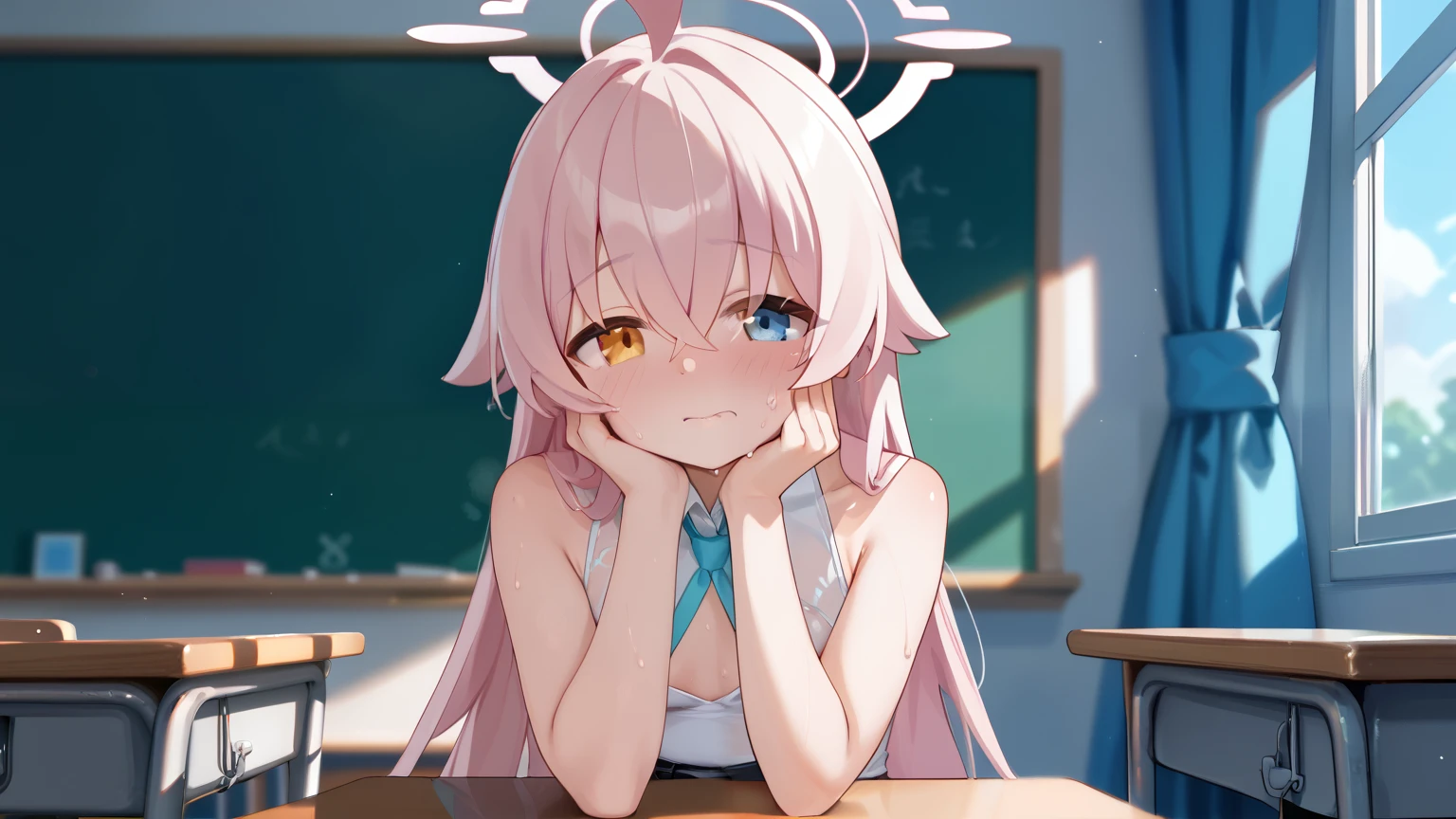 (Masterpiece, absurdres, topquality), 1girl, solo, hoshino \(blue archive\), heterochromia, long hair, pink, white leotards, in the classroom, sitting upright, elbows on desk, hand on cheek, sweaty, shy, blushing, small breasts, front view, looking at viewer, body front