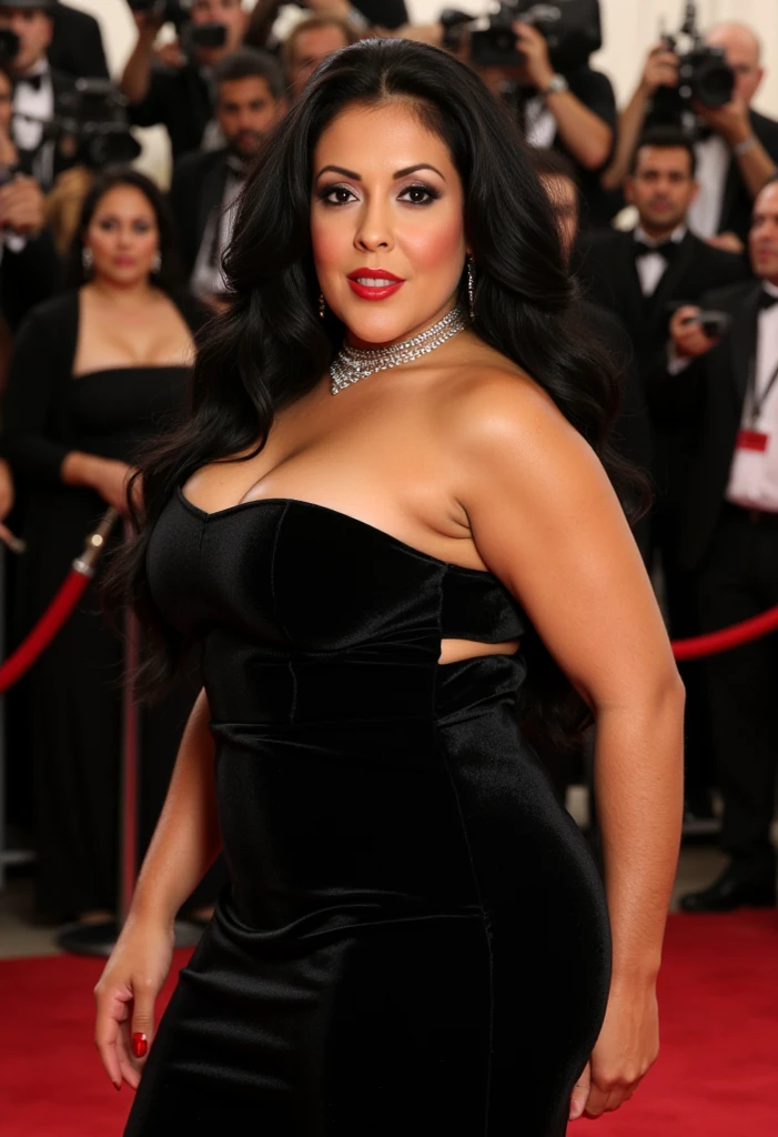 Kajal agrawalblack cowl neck deepcut neckline dress, exposing body, high boots, thighs show, posing in cannes red carpet, no bindi, milf look, milf body, hourglass figure, big breasts, 90% breasts popping out, massive cleavage show, nipple slip, fit, seductive face, look at a camera and laugh, high ponytail hair, erotic face, 45 yo, soft volumetric lights, intricate details, (ArtStation:1.2)