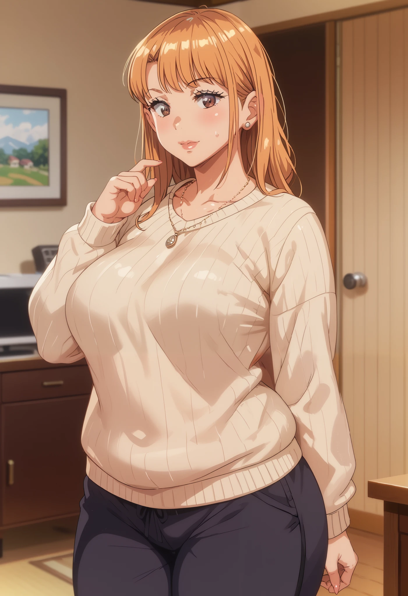 Masterpiece, 8k quality, extremely detailed, Aika sano, ane wa yanmama junyuu-chuu, indoors, orange hair, brown eyes, plump, thick thighs, big breasts, necklace, sweater, sweatpants, standing