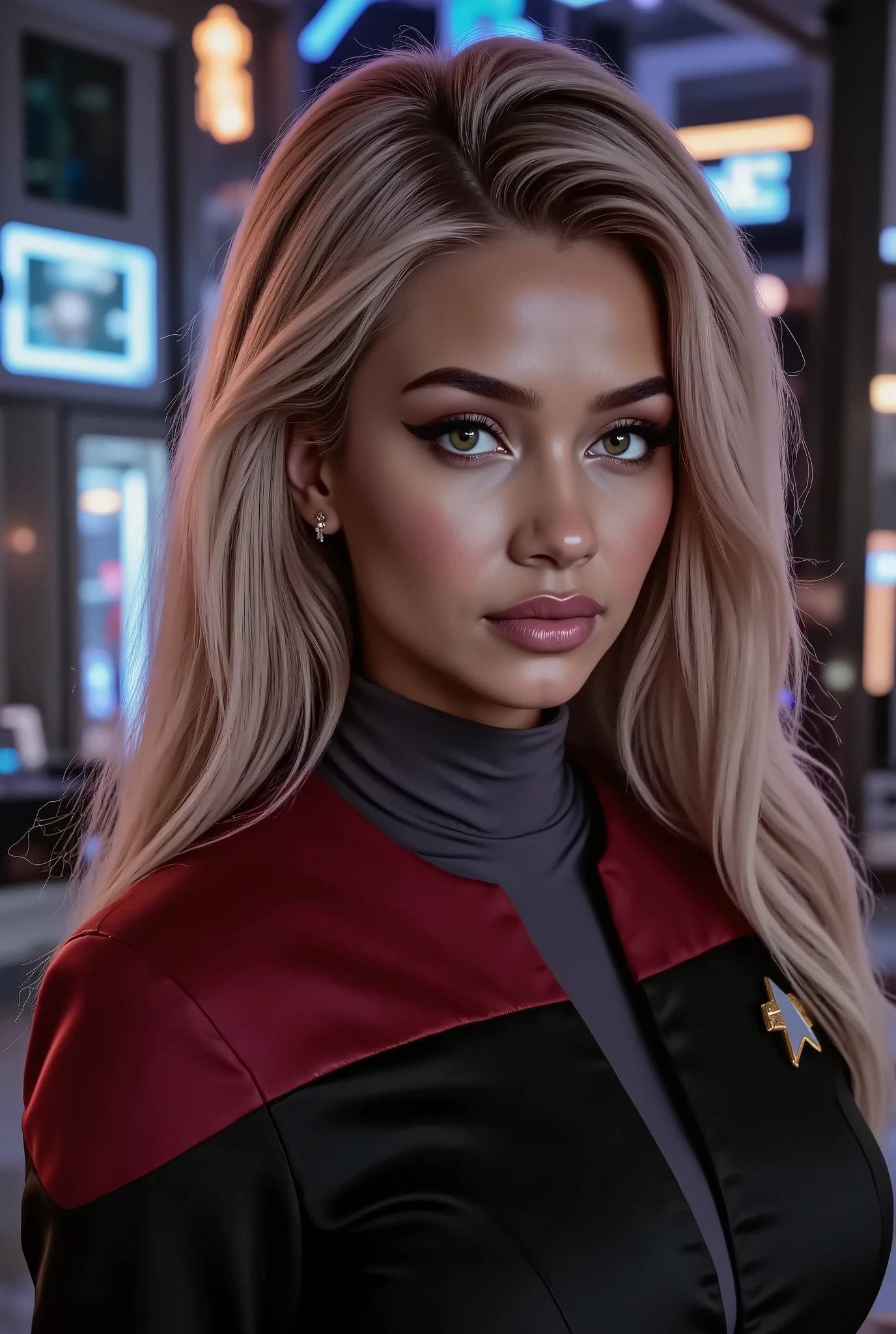 A breathtaking close-up of Kiernan's cinematic shot, , , , , his piercing eyes and subtle features are illuminated by soft light, the futuristic glow of the spaceship bridge. Woman stands with confidence in her flawlessly tailored Starfleet suit: The shape of the next generation of uniforms, , , The deep red color of her shape favorably sets off her fair skin. elegant, The strict cut perfectly emphasizes her silhouette, decorated with the iconic Starfleet badge, shining in soft light , Behind her , ,