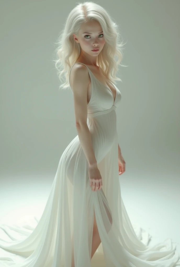 A beautiful white skinned elven empress wearing a loose backless dress , navel, slim body, legs split apart peeing