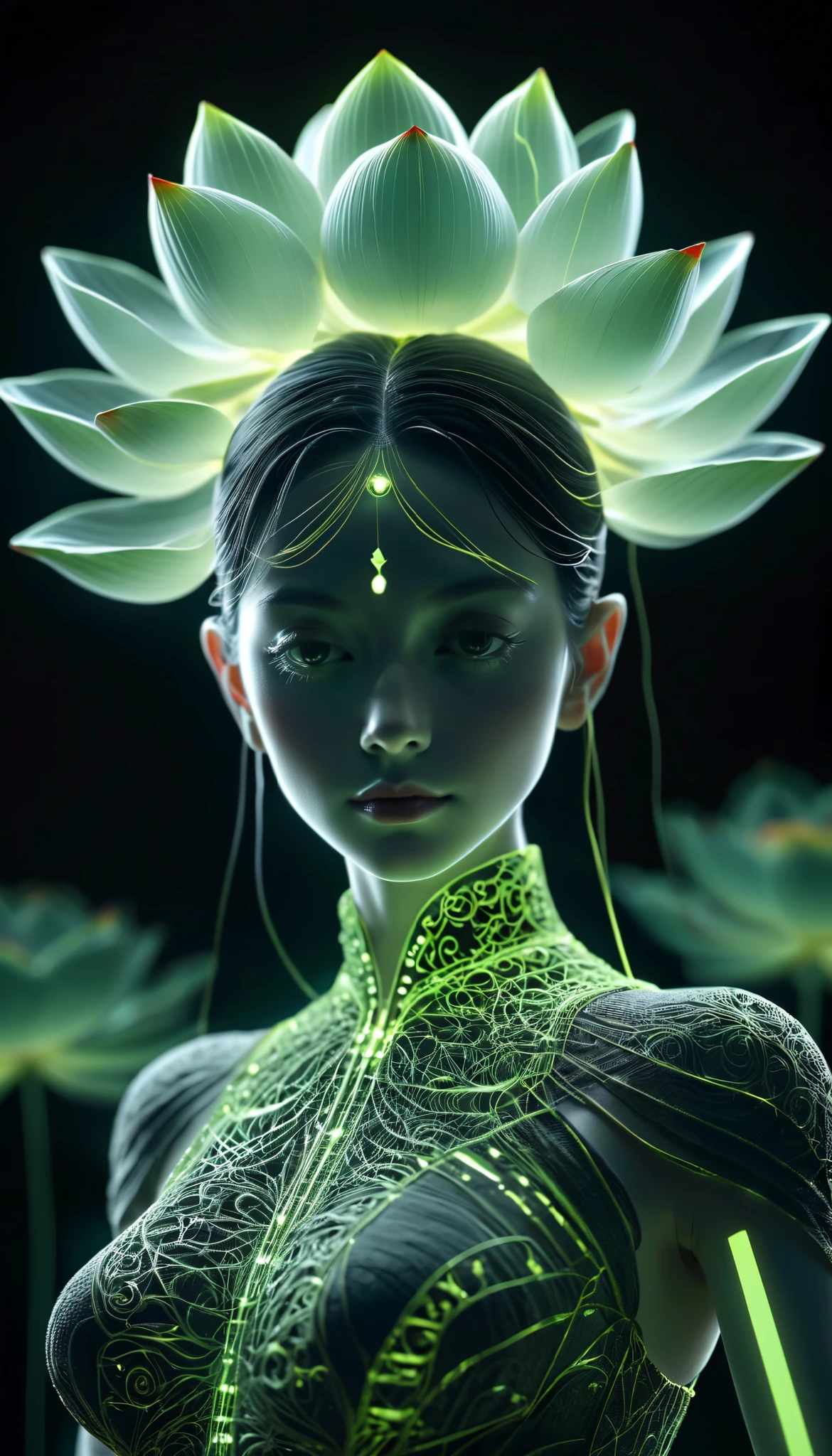 High resolution, super detailed, (1 girl:1.3),(lotus),Dynamic light waveBREAKsunlight, reverberation, Experimental photography, Surreal contrasts, Eye-catching visuals, Artistic abstraction,
Break the art of cutting, layered silhouette, complex patterns, exquisite craftsmanship, shadow play, Depth and size, creative expression,
break art, Frozen sculpture, translucent形式, short-lived beauty, Crystal structure, exquisite craftsmanship, touching,
break green eye,body glow,glowing line,fluorescence,Luminous example,Tracking example,flash,萤light particles,backlight,translucent,light particles