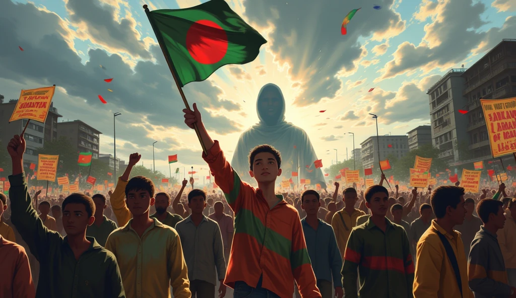 many typical bengali tortured bloody shiny teenage boys flying in the black sky
They hold upper part of bangladeshi flag
But Many witches hold their legs and forcing to bring them down