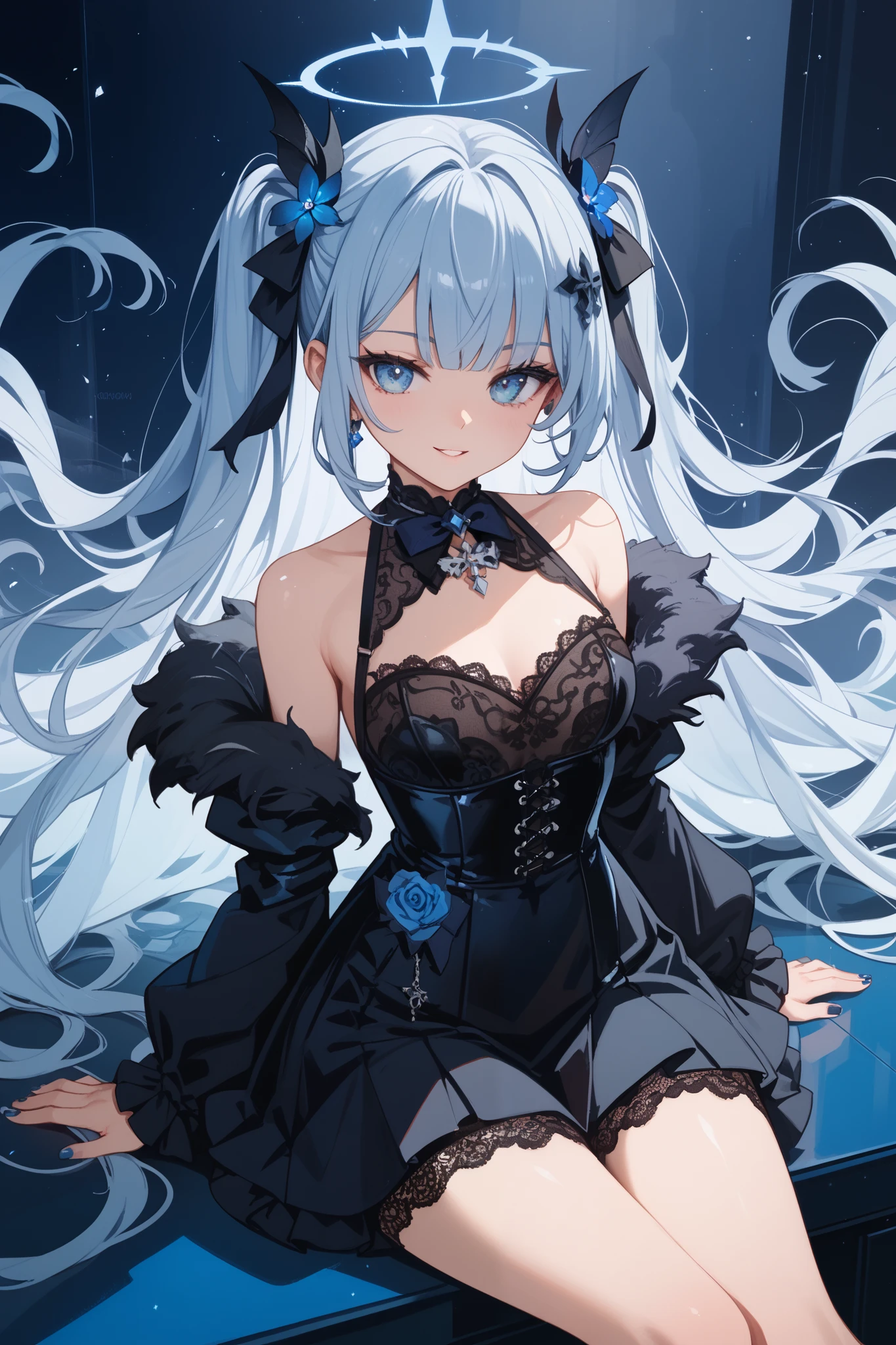 (masterpiece, top quality, very aesthetic, 4k、illustration), intricate detail, 1woman,solo,contrapposto 、from side、(gradient eyes、tareme)、Strong glowing eyes、blunt bangs,Fair skin,(cowboy shot)、half closed eyes、cold face、Cold Stare、(Blue lipstick),beautiful face、Blushing,(gradient hair)、multicolored hair,middle hair,sidelock ,blue eyes、Shoulderless gothic lolita dress、medium breasts、slender 、